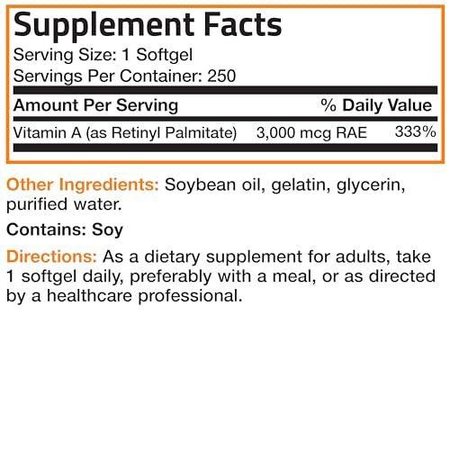 Bronson Vitamin A 10.000 IE – Hochdosiertes Vitamin A für Sehkraft, Immunsystem & Zellwachstum – 250 Softgels, Non-GMO