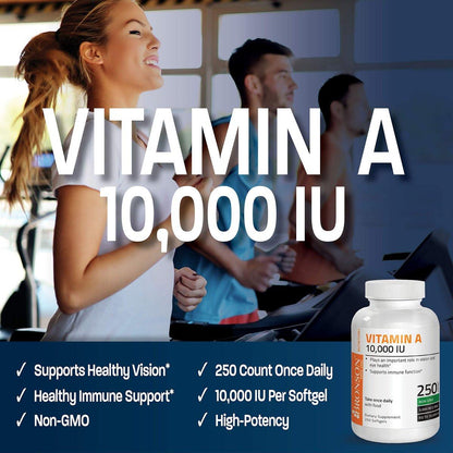 Bronson Vitamin A 10.000 IE – Hochdosiertes Vitamin A für Sehkraft, Immunsystem & Zellwachstum – 250 Softgels, Non-GMO