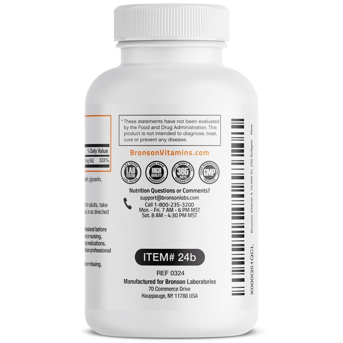 Bronson Vitamin A 10.000 IE – Hochdosiertes Vitamin A für Sehkraft, Immunsystem & Zellwachstum – 250 Softgels, Non-GMO