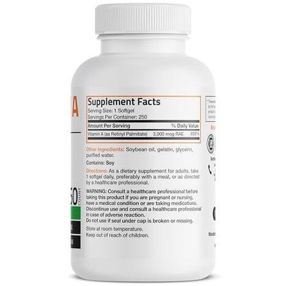 Bronson Vitamin A 10.000 IE – Hochdosiertes Vitamin A für Sehkraft, Immunsystem & Zellwachstum – 250 Softgels, Non-GMO