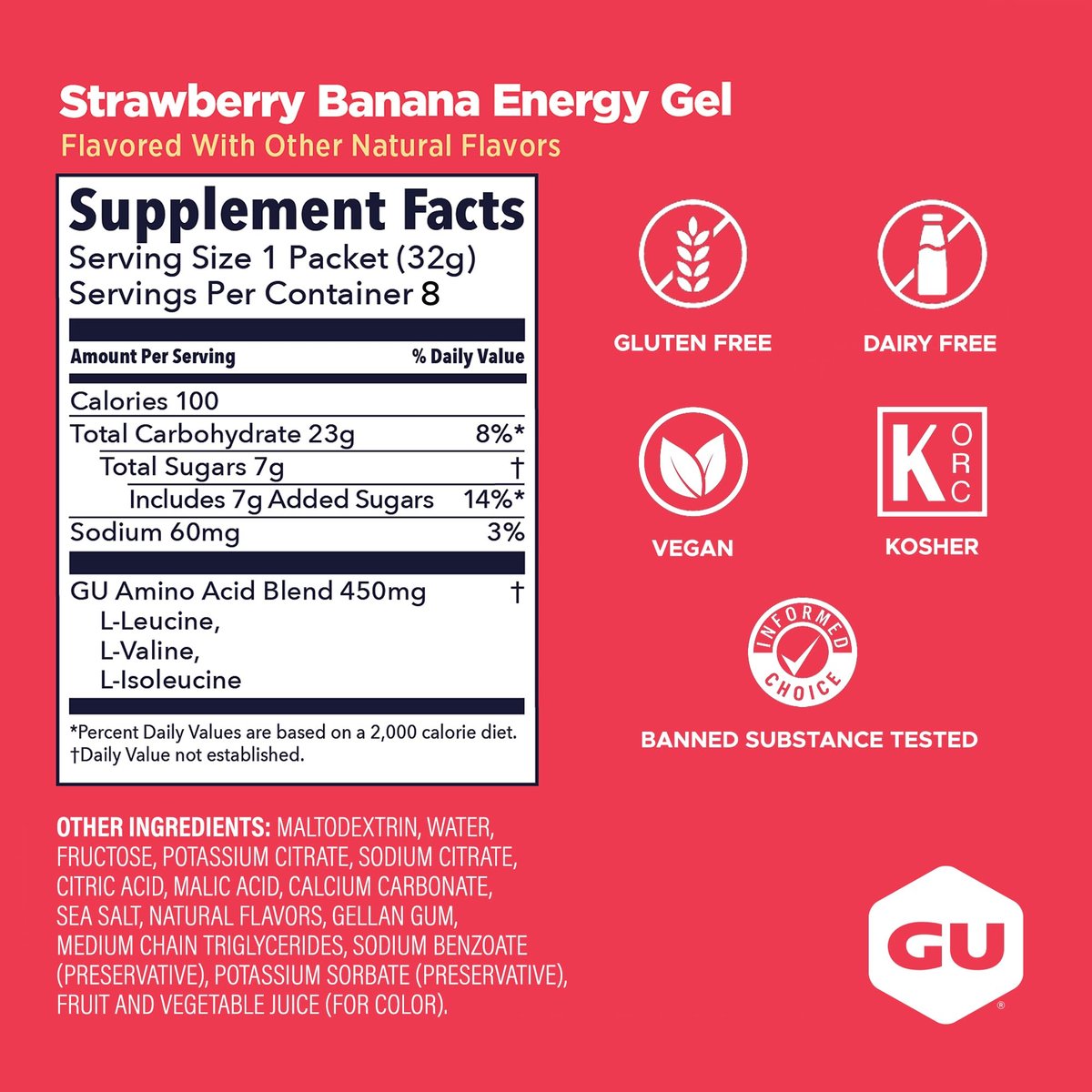 GU Energy Original Sports Nutrition Energie-Gel – Vegan & laktosefrei – Erdbeere-Banane – 8er-Pack