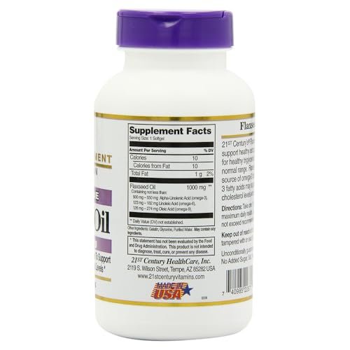 21st Century Leinöl 1000 mg Weichkapseln (120 Stück) – Triple Omega 3-6-9 Fettsäuren für Herzgesundheit, glutenfrei & nicht gentechnisch verändert, ohne künstliche Aromen oder Farbstoffe
