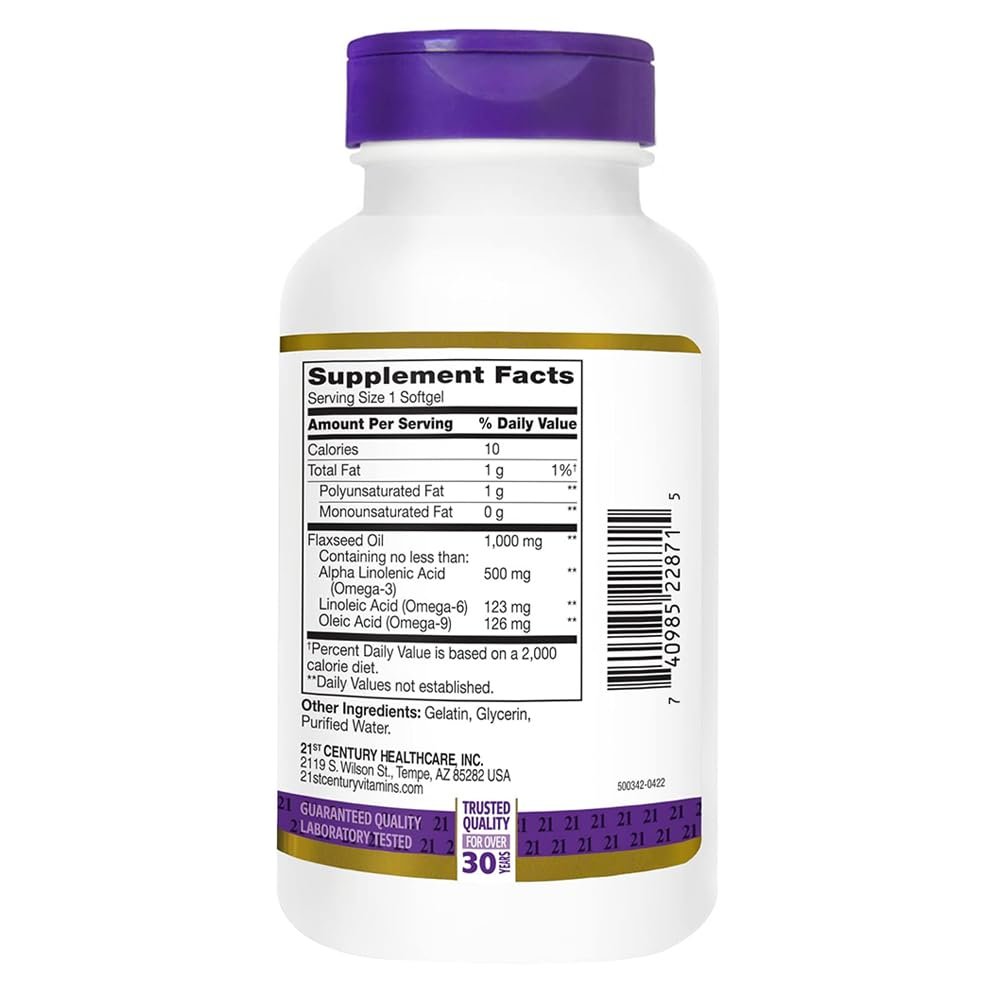 21st Century Leinöl 1000 mg Weichkapseln (120 Stück) – Triple Omega 3-6-9 Fettsäuren für Herzgesundheit, glutenfrei & nicht gentechnisch verändert, ohne künstliche Aromen oder Farbstoffe