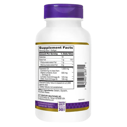 21st Century Leinöl 1000 mg Weichkapseln (120 Stück) – Triple Omega 3-6-9 Fettsäuren für Herzgesundheit, glutenfrei & nicht gentechnisch verändert, ohne künstliche Aromen oder Farbstoffe