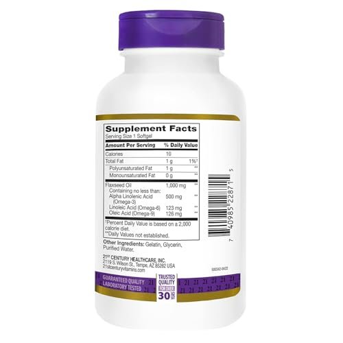 21st Century Leinöl 1000 mg Weichkapseln (120 Stück) – Triple Omega 3-6-9 Fettsäuren für Herzgesundheit, glutenfrei & nicht gentechnisch verändert, ohne künstliche Aromen oder Farbstoffe