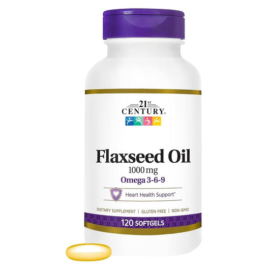 21st Century Leinöl 1000 mg Weichkapseln (120 Stück) – Triple Omega 3-6-9 Fettsäuren für Herzgesundheit, glutenfrei & nicht gentechnisch verändert, ohne künstliche Aromen oder Farbstoffe