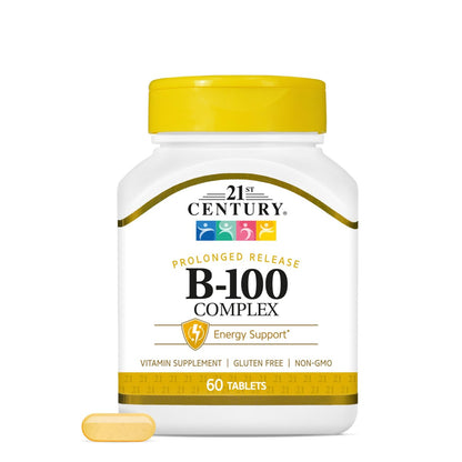 21st Century B-100 Komplex mit verlängerter Freisetzung, 60 Tabletten, Hochdosiertes Vitamin B für Nervensystem & Energie, Enthält B1, B2, B6, Biotin & Calcium