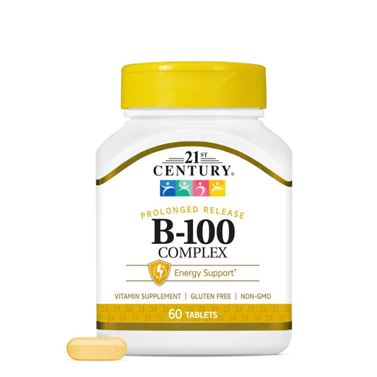 21st Century B-100 Komplex mit verlängerter Freisetzung, 60 Tabletten, Hochdosiertes Vitamin B für Nervensystem & Energie, Enthält B1, B2, B6, Biotin & Calcium
