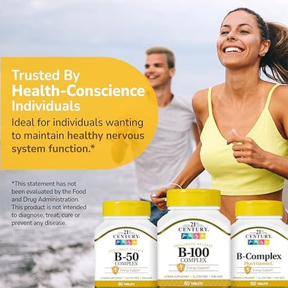 21st Century B-100 Komplex mit verlängerter Freisetzung, 60 Tabletten, Hochdosiertes Vitamin B für Nervensystem & Energie, Enthält B1, B2, B6, Biotin & Calcium
