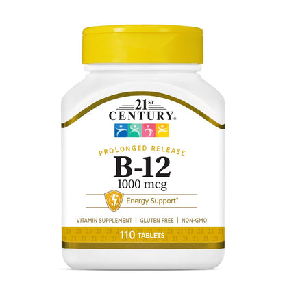 SMART MONKEY TECHNOLOGIES 21st Century B12 1000 mcg Prolonged Release Tabletten, Cyanocobalamin für Energie und Nervenunterstützung, Glutenfrei, 110 Stück für Erwachsene