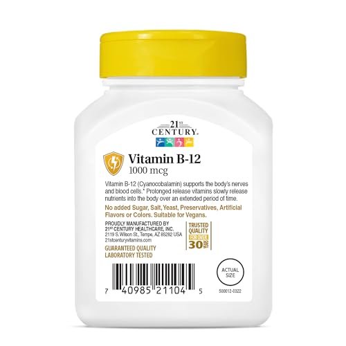 SMART MONKEY TECHNOLOGIES 21st Century B12 1000 mcg Prolonged Release Tabletten, Cyanocobalamin für Energie und Nervenunterstützung, Glutenfrei, 110 Stück für Erwachsene