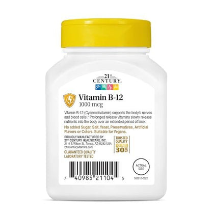 SMART MONKEY TECHNOLOGIES 21st Century B12 1000 mcg Prolonged Release Tabletten, Cyanocobalamin für Energie und Nervenunterstützung, Glutenfrei, 110 Stück für Erwachsene
