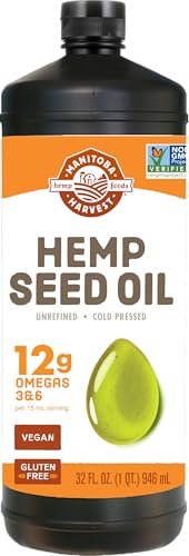 Manitoba Harvest Hanföl, kaltgepresst, Premium-Qualität, 12g Omega 3 & 6 pro Portion, hydratisiert & pflegt die Haut – Non-GMO, vegan, glutenfrei, ideal zum Kochen und für Salatdressings, 946 ml