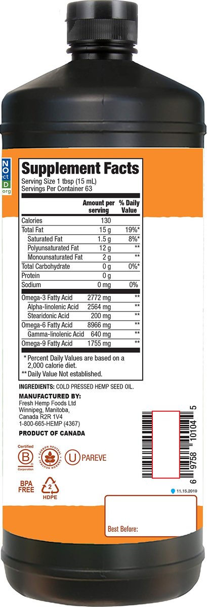 Manitoba Harvest Hanföl, kaltgepresst, Premium-Qualität, 12g Omega 3 & 6 pro Portion, hydratisiert & pflegt die Haut – Non-GMO, vegan, glutenfrei, ideal zum Kochen und für Salatdressings, 946 ml