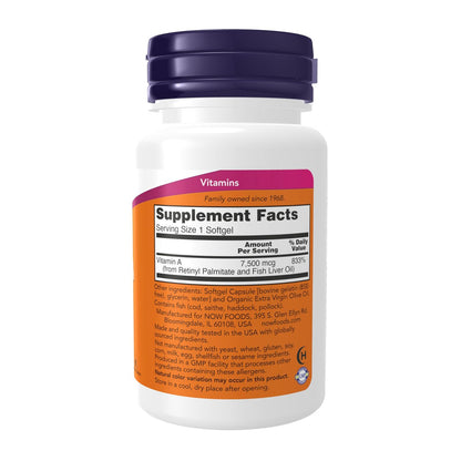 NOW Foods Vitamin A (Fischleberöl) 25.000 IE, essentielle Ernährung, 100 Softgels