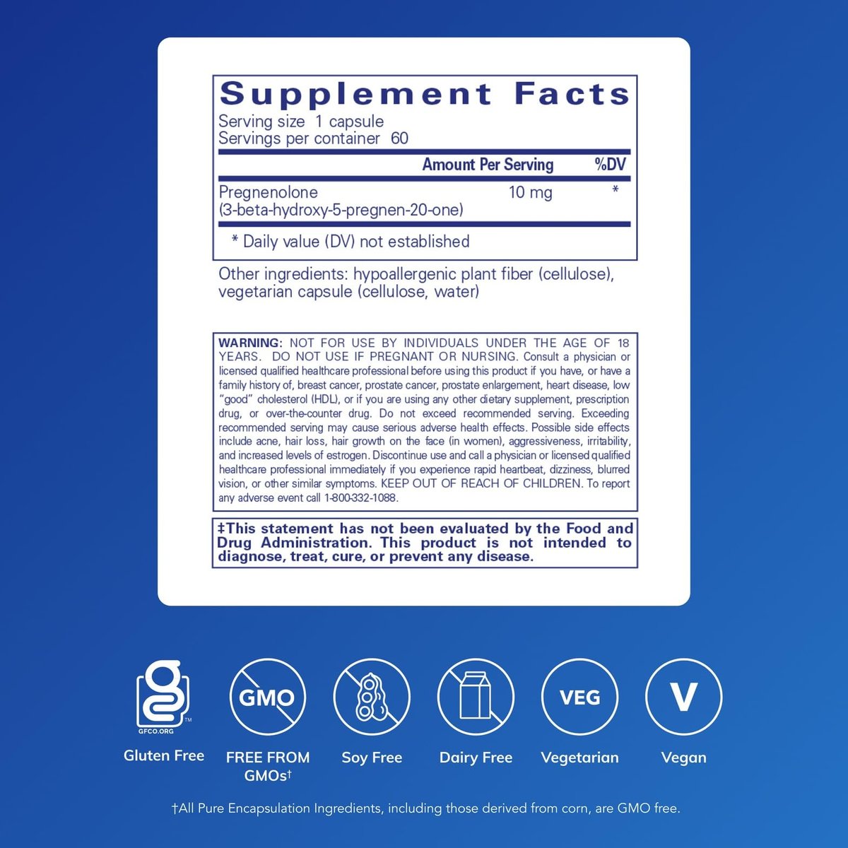 Pure Encapsulations Pregnenolon 10 mg – Unterstützt Gedächtnis & Hormonbalance* – Hormonvorläufer – Glutenfrei & Nicht-GVO – 60 Kapseln