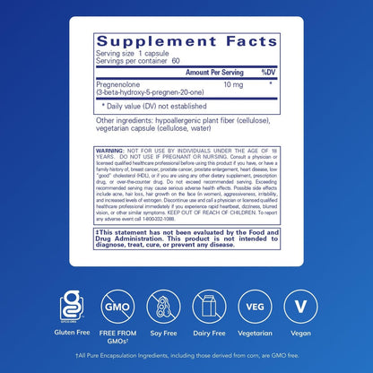Pure Encapsulations Pregnenolon 10 mg – Unterstützt Gedächtnis & Hormonbalance* – Hormonvorläufer – Glutenfrei & Nicht-GVO – 60 Kapseln