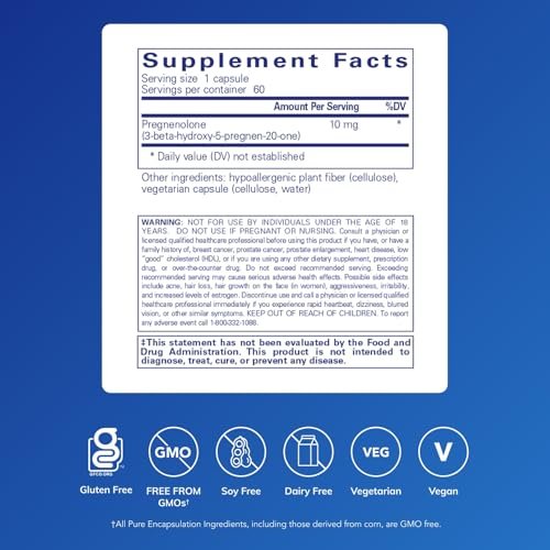 Pure Encapsulations Pregnenolon 10 mg – Unterstützt Gedächtnis & Hormonbalance* – Hormonvorläufer – Glutenfrei & Nicht-GVO – 60 Kapseln