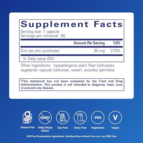 Pure Encapsulations Zink 30 mg – Immunsystem, Wachstum & Wundheilung mit Zinkpicolinat – 60 Kapseln