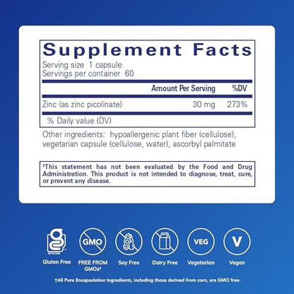 Pure Encapsulations Zink 30 mg – Immunsystem, Wachstum & Wundheilung mit Zinkpicolinat – 60 Kapseln