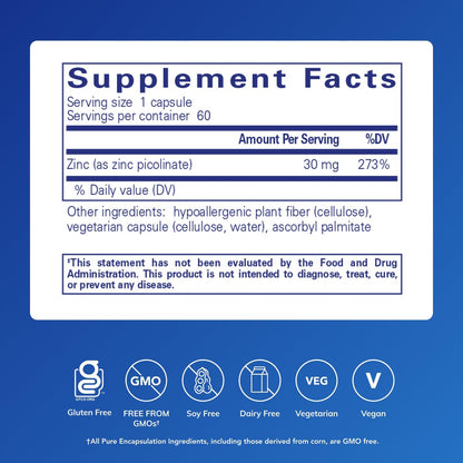 Pure Encapsulations Zink 30 mg – Immunsystem, Wachstum & Wundheilung mit Zinkpicolinat – 60 Kapseln