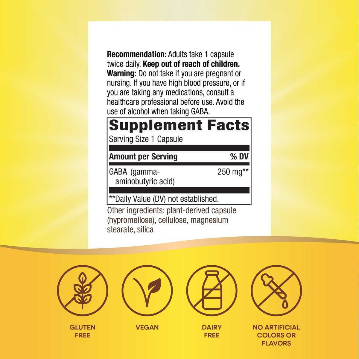 Nature's Way GABA, Gamma-Aminobuttersäure, Unterstützt die Gehirngesundheit*, 250 mg pro Portion, 60 vegane Kapseln (Verpackung kann variieren)