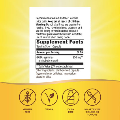 Nature's Way GABA, Gamma-Aminobuttersäure, Unterstützt die Gehirngesundheit*, 250 mg pro Portion, 60 vegane Kapseln (Verpackung kann variieren)