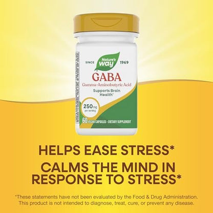 Nature's Way GABA, Gamma-Aminobuttersäure, Unterstützt die Gehirngesundheit*, 250 mg pro Portion, 60 vegane Kapseln (Verpackung kann variieren)