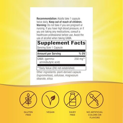 Nature's Way GABA, Gamma-Aminobuttersäure, Unterstützt die Gehirngesundheit*, 250 mg pro Portion, 60 vegane Kapseln (Verpackung kann variieren)