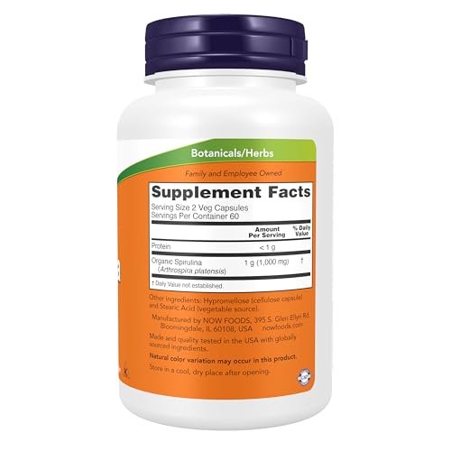 NOW Foods Natürliches Spirulina 500 mg mit Beta-Carotin (Vitamin A) und Vitamin B-12 – 120 vegane Kapseln