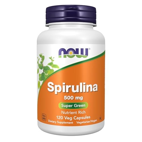 NOW Foods Natürliches Spirulina 500 mg mit Beta-Carotin (Vitamin A) und Vitamin B-12 – 120 vegane Kapseln