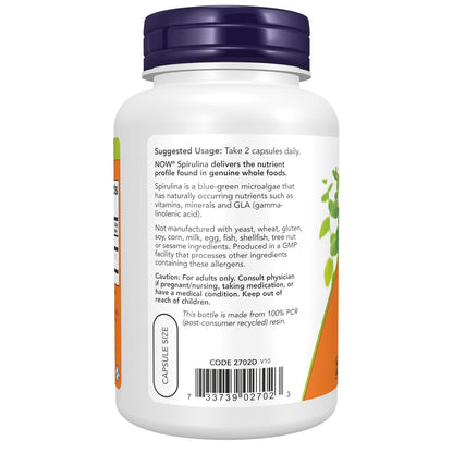 NOW Foods Natürliches Spirulina 500 mg mit Beta-Carotin (Vitamin A) und Vitamin B-12 – 120 vegane Kapseln