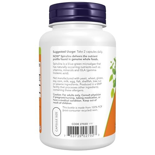 NOW Foods Natürliches Spirulina 500 mg mit Beta-Carotin (Vitamin A) und Vitamin B-12 – 120 vegane Kapseln