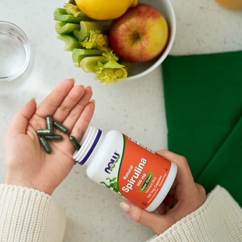 NOW Foods Natürliches Spirulina 500 mg mit Beta-Carotin (Vitamin A) und Vitamin B-12 – 120 vegane Kapseln