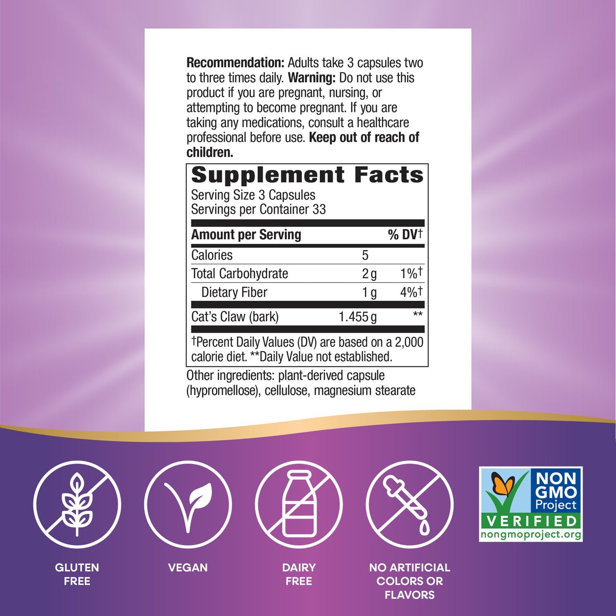 Nature's Way Katzenkralle Rinde, traditionelle Unterstützung*, 1.455 mg pro 3-Kapsel-Portion, Non-GMO Project verifiziert, 100 vegane Kapseln (Verpackung kann variieren)