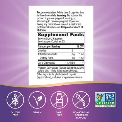 Nature's Way Katzenkralle Rinde, traditionelle Unterstützung*, 1.455 mg pro 3-Kapsel-Portion, Non-GMO Project verifiziert, 100 vegane Kapseln (Verpackung kann variieren)