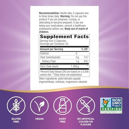 Nature's Way Katzenkralle Rinde, traditionelle Unterstützung*, 1.455 mg pro 3-Kapsel-Portion, Non-GMO Project verifiziert, 100 vegane Kapseln (Verpackung kann variieren)