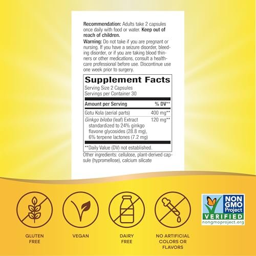 Nature's Way Ginkgo Premium Extract – Unterstützt Gedächtnis & Konzentration*, 120 mg Ginkgo Biloba Extrakt pro 2-Kapsel-Portion, mit Gotu Kola, vegan, glutenfrei, 60 Kapseln