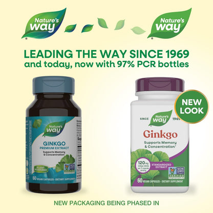 Nature's Way Ginkgo Premium Extract – Unterstützt Gedächtnis & Konzentration*, 120 mg Ginkgo Biloba Extrakt pro 2-Kapsel-Portion, mit Gotu Kola, vegan, glutenfrei, 60 Kapseln