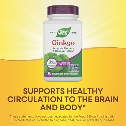Nature's Way Ginkgo Premium Extract – Unterstützt Gedächtnis & Konzentration*, 120 mg Ginkgo Biloba Extrakt pro 2-Kapsel-Portion, mit Gotu Kola, vegan, glutenfrei, 60 Kapseln