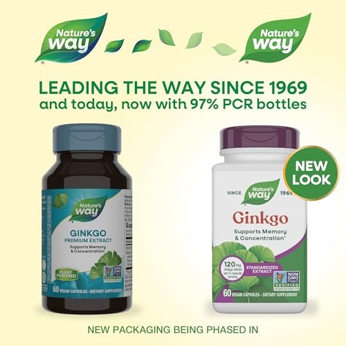 Nature's Way Ginkgo Premium Extract – Unterstützt Gedächtnis & Konzentration*, 120 mg Ginkgo Biloba Extrakt pro 2-Kapsel-Portion, mit Gotu Kola, vegan, glutenfrei, 60 Kapseln