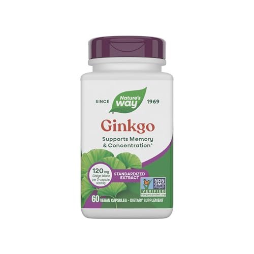 Nature's Way Ginkgo Premium Extract – Unterstützt Gedächtnis & Konzentration*, 120 mg Ginkgo Biloba Extrakt pro 2-Kapsel-Portion, mit Gotu Kola, vegan, glutenfrei, 60 Kapseln