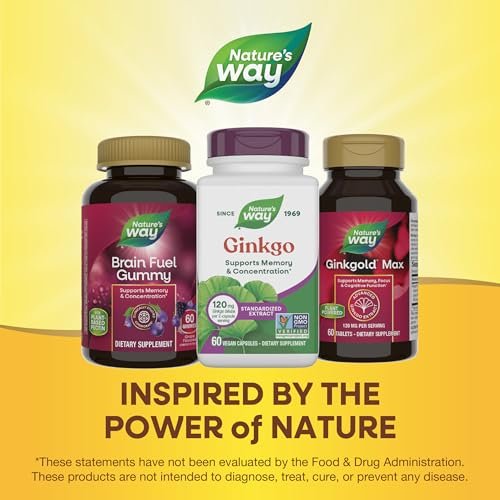 Nature's Way Ginkgo Premium Extract – Unterstützt Gedächtnis & Konzentration*, 120 mg Ginkgo Biloba Extrakt pro 2-Kapsel-Portion, mit Gotu Kola, vegan, glutenfrei, 60 Kapseln