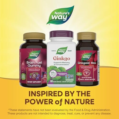 Nature's Way Ginkgo Premium Extract – Unterstützt Gedächtnis & Konzentration*, 120 mg Ginkgo Biloba Extrakt pro 2-Kapsel-Portion, mit Gotu Kola, vegan, glutenfrei, 60 Kapseln