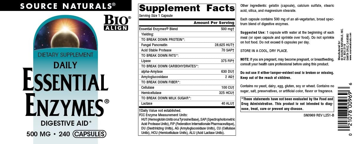 Source Naturals Essential Enzymes Verdauungshilfe - 500 mg - 240 Kapseln