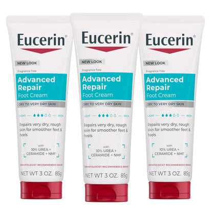 Eucerin Advanced Repair Fußcreme für trockene Füße und Fersen – Repariert sehr trockene, raue Haut, parfümfrei, nicht fettend, schnell einziehend, Reisegröße, 3er-Pack (3 x 85 g)