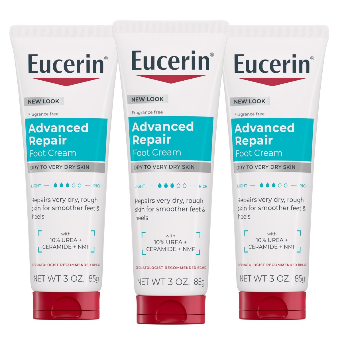 Eucerin Advanced Repair Fußcreme für trockene Füße und Fersen – Repariert sehr trockene, raue Haut, parfümfrei, nicht fettend, schnell einziehend, Reisegröße, 3er-Pack (3 x 85 g)