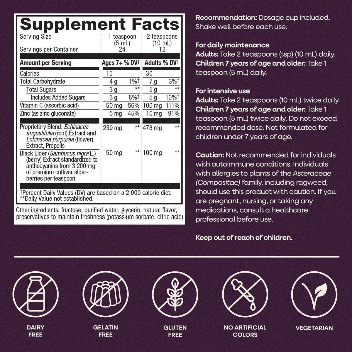Nature's Way Sambucus Holunderbeeren-Sirup mit Vitamin C, Zink, Echinacea und Propolis – Immununterstützung, 240 ml (8 Fl Oz)