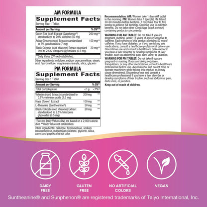 Nature's Way AM/PM Menopause Unterstützung für Frauen – Hormonfreie Formel mit Schwarztee, Theanin, Baldrian – 60 Tabletten – Linderung von Hitzewallungen, Nachtschweiß, Stimmungsschwankungen und Förderung erholsamen Schlafs