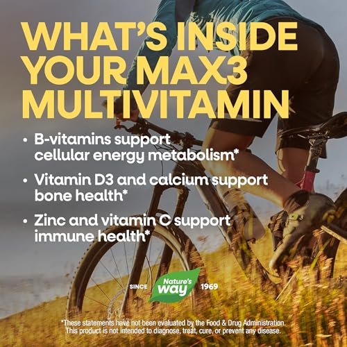 Nature's Way Alive! Max3 Tagesmultivitamin, Hochdosiertes Multivitamin für Erwachsene zur Unterstützung des Zellstoffwechsels, der Herz- und Muskelfunktion für Frauen und Männer*, Ohne Eisen, 90 Tabletten